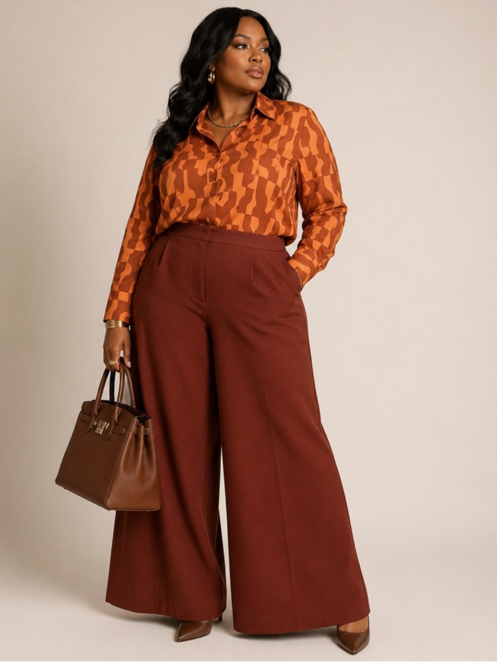 WORTHINGTON Carmel & Brown Blouse Wide Leg Pants 2pc Set NWT Top  XXL | Pants 18